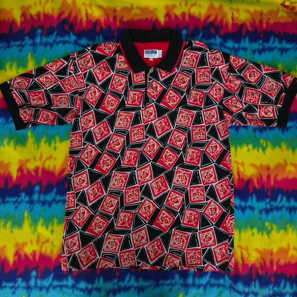 Vintage Reebok Golf Polo Shirt Mens Large Red Black Geometric Print 90s Retro